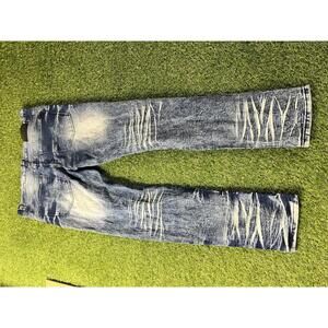 Men's Mecca Distressed Blue Acid Wash Jeans with Ribbed Knee Detail 34x30